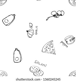 Seamless pattern with hand drawn pizza slices. Vector black and white food background. Monochrome design for fabric, wallpapers, wrapping paper, cards and web. Doodle art. Sketch cooking ingridients