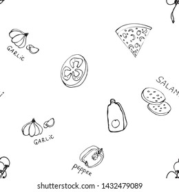 Seamless pattern with hand drawn pizza slices. Vector black and white food background. Monochrome design for fabric, wallpapers, wrapping paper, cards and web. Doodle art. Sketch cooking ingridients