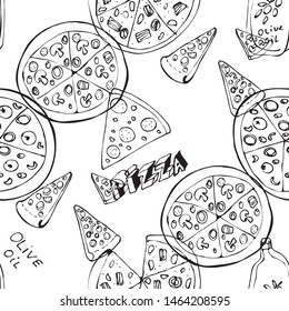 Seamless pattern with hand drawn pizza slices. Vector black and white food background. Monochrome design for fabric, wallpapers, wrapping paper, cards and web. Doodle art. Sketch cooking ingridients