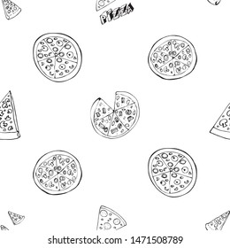 Seamless pattern with hand drawn pizza slices. Vector black and white food background. Monochrome design for fabric, wallpapers, wrapping paper, cards and web. Doodle art. Sketch cooking ingridients