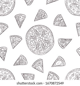  Patrón sin inconvenientes con pizza a mano y ingredientes para pizzas. Ilustración del vector