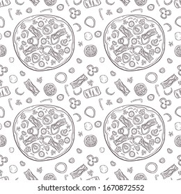  Seamless pattern with hand drawn pizza and pizza ingridients. Vector illustration