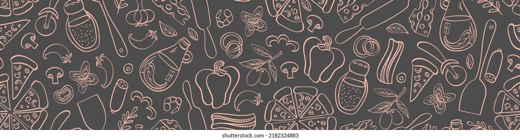 Seamless pattern with hand drawn pizza doodles. Italian food on gray background. Vector illustration.