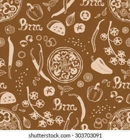 Seamless pattern of hand drawn pizza and the ingredients