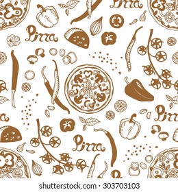 Seamless pattern of hand drawn pizza and the ingredients.