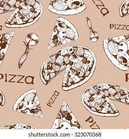 Seamless pattern with hand drawn pizza, vector illustration