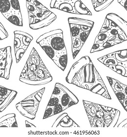 Seamless pattern with hand drawn pizza. Ink illustration. Hand drawn food ornament. Elements for wrapping paper. Hand drawn pattern for Pizza Fest.
