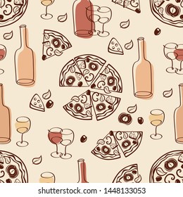 Seamless pattern with hand drawn pizzas and bottles of wine glasses. Background for restaurant, bar menu, party, alcohol drinks, wrapping paper, textile, wallpapers and scrapbook. Vector.