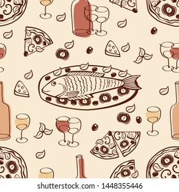 Seamless pattern with hand drawn pizzas, fish and bottles of wine glasses. Background for restaurant, bar menu, party, alcohol drinks, wrapping paper, textile, wallpapers and scrapbook. Vector.