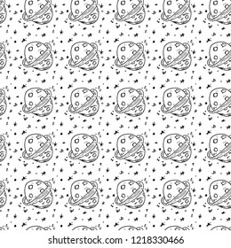 Seamless pattern hand drawn planet. Doodle black sketch. Sign symbol. Decoration element. Isolated on white background. Flat design. Vector illustration.