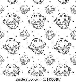Seamless pattern hand drawn planet. Doodle black sketch. Sign symbol. Decoration element. Isolated on white background. Flat design. Vector illustration.