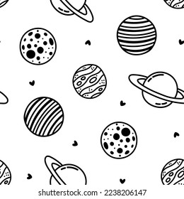 Seamless pattern with hand drawn planets and hearts