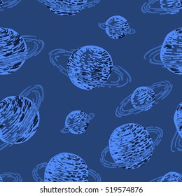 Seamless pattern of hand drawn planets with coils