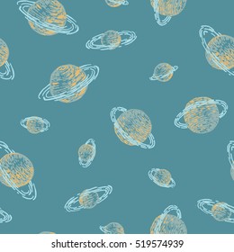 Seamless pattern of hand drawn planets with coils