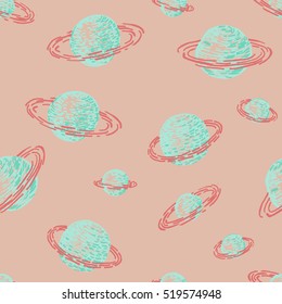 Seamless pattern of hand drawn planets with coils