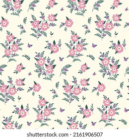 Seamless pattern with hand drawn plants in rustic style. Liberty floral print, romantic botanical background with small pink, lilac flowers, tiny leaves, branches on a white field. Vector illustration