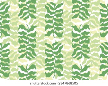 Nahtlose Muster handgezeichneter Pflanzen im naiven Maatisse-Stil, botanisches Muster in pastellgrünen Farben. Dekorativer, moderner Hintergrund für Druck, Stoff, Papier, Frauenkleid, Tapete, Tapete