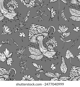 Seamless pattern with hand drawn plants, herbs, flowers and mushrooms. Botanical summer concept. Vector line art background