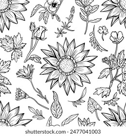 Seamless pattern with hand drawn plants, herbs, flowers and cereals on white. Botanical summer concept. Vector line art background