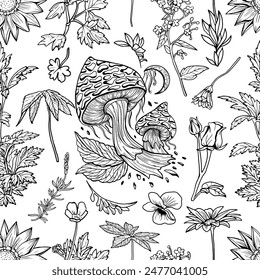 Seamless pattern with hand drawn plants, herbs, mushrooms and cereals. Botanical summer concept. Vector line art background