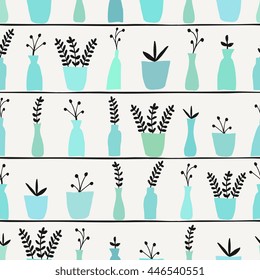Seamless pattern with hand drawn plants on shelves.
