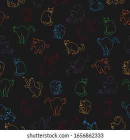 Seamless pattern with hand drawn playful cats on black. Great for decor, surface design, postcards.