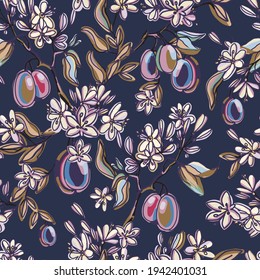Seamless pattern with hand drawn plum flowers and fruits. Blooming plum branches on dark vintage background. Stock vector illustration