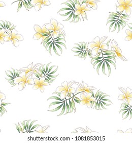 Seamless pattern with hand drawn , plumeria flower and palm leaves on white background, Wallpaper with tropical flowers