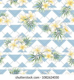 Seamless pattern with hand drawn plumeria flower and palm leaves on abstract background, Wallpaper with tropical flowers