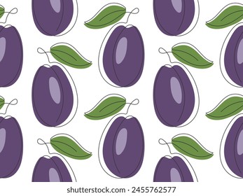 Seamless pattern of hand drawn plums. Abstract fruit food background. Line drawing ripe plum. Pattern for packaging jam, juice, cover, fabric, wallpaper