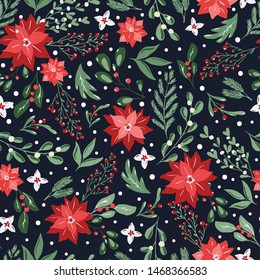 Seamless pattern with hand drawn poinsettia flowers and floral branches and berries, mistletoe, christmas florals. Repeating background for wrapping paper, fabric, stationary products decoration.