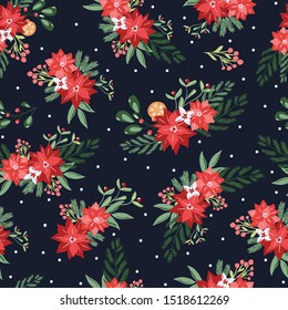 Seamless pattern with hand drawn poinsettia flowers and floral branches and berries, mistletoe, christmas florals. Repeating background for wrapping paper, fabric, stationary products decoration.