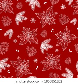 Seamless pattern with hand drawn poinsettia flower and floral branch, berry, snowflake, mistletoe, christmas tree.