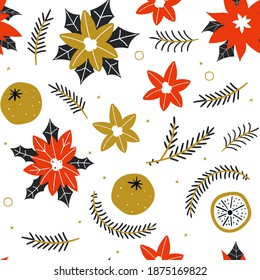 Seamless pattern with hand drawn poinsettia flowers and floral branches and berries, mistletoe, christmas florals. Winter pattern, wrapping paper, pattern fills, winter greetings, web page background