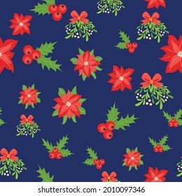 Seamless pattern with hand drawn poinsettia flowers and floral branches and berries, mistletoe, christmas florals. Repeating background for wrapping paper, fabric