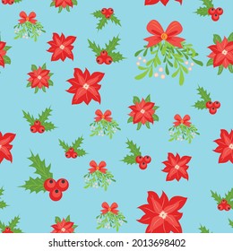 Seamless pattern with hand drawn poinsettia flowers and floral branches and berries, mistletoe, christmas florals. Repeating background for wrapping paper, fabric
