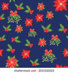 Seamless pattern with hand drawn poinsettia flowers and floral branches and berries, mistletoe, christmas florals. Repeating background for wrapping paper, fabric