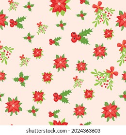 Seamless pattern with hand drawn poinsettia flowers and floral branches and berries, mistletoe, christmas florals. Repeating background for wrapping paper, fabric