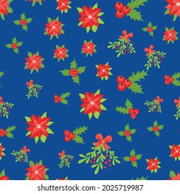 Seamless pattern with hand drawn poinsettia flowers and floral branches and berries, mistletoe, christmas florals. Repeating background for wrapping paper, fabric