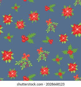 Seamless pattern with hand drawn poinsettia flowers and floral branches and berries, mistletoe, christmas florals. Repeating background for wrapping paper, fabric