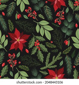 Seamless pattern with hand drawn poinsettia flowers and floral branches and berries, christmas florals.