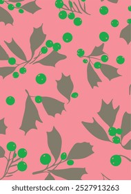 Seamless pattern with hand drawn poinsettia flowers and floral branches and berries, christmas florals.