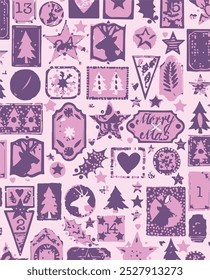 Seamless pattern with hand drawn poinsettia flowers and floral branches and berries, christmas florals.