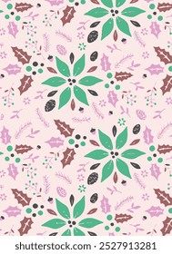 Seamless pattern with hand drawn poinsettia flowers and floral branches and berries, christmas florals.