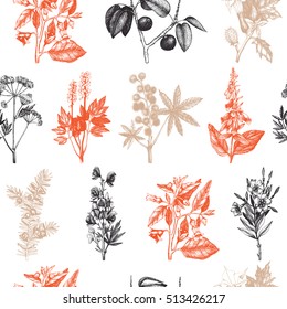 Seamless pattern with hand drawn poisonous plants illustrations. Vintage background with botanical elements. 