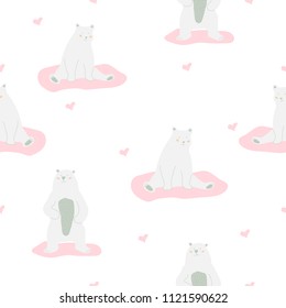 Seamless pattern hand drawn polar bears cartoon on white background with cute heart.printing wallpaper.vector illustration