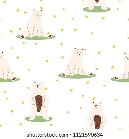 Seamless pattern hand drawn polar bears cartoon on white background.printing wallpaper.vector illustration