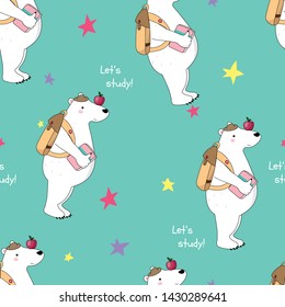 Seamless pattern of hand drawn polar bear back to school concept.