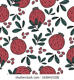 Seamless pattern with hand drawn pomegranate on a white background. Doodle, simple outline illustration.  It can be used for decoration of textile, paper and other surfaces.