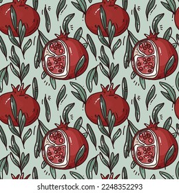seamless pattern of hand drawn pomegranate and leaves. cute vector illustration